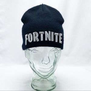Fortnite Black Knit Beanie Silver 3D Embroidery Spellout Logo